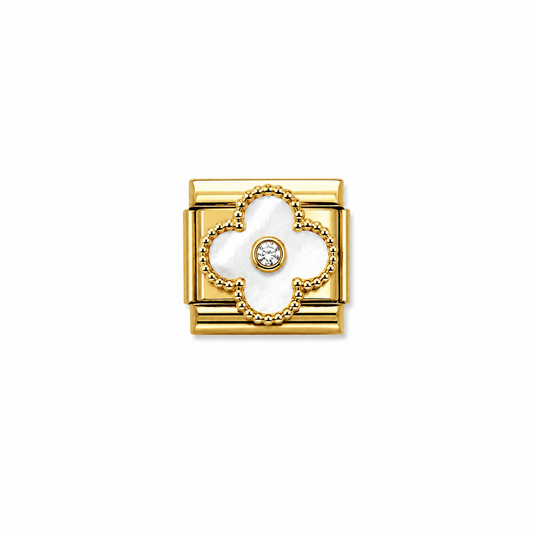 Charms dorado Flor Blanca con brillitos