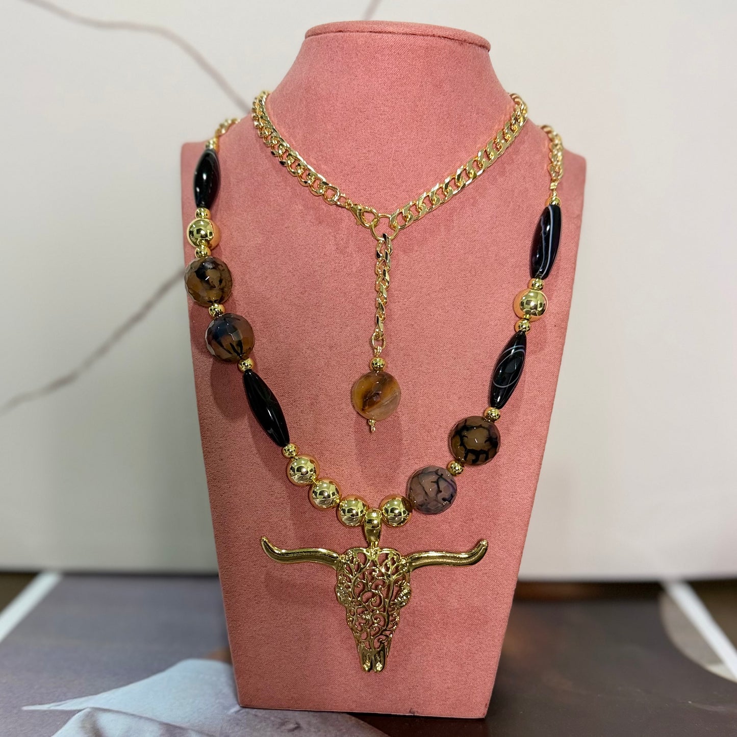 Collar doble ágatas y piedra ónix toro
