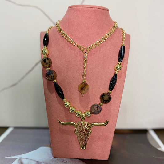 Collar doble ágatas y piedra ónix toro