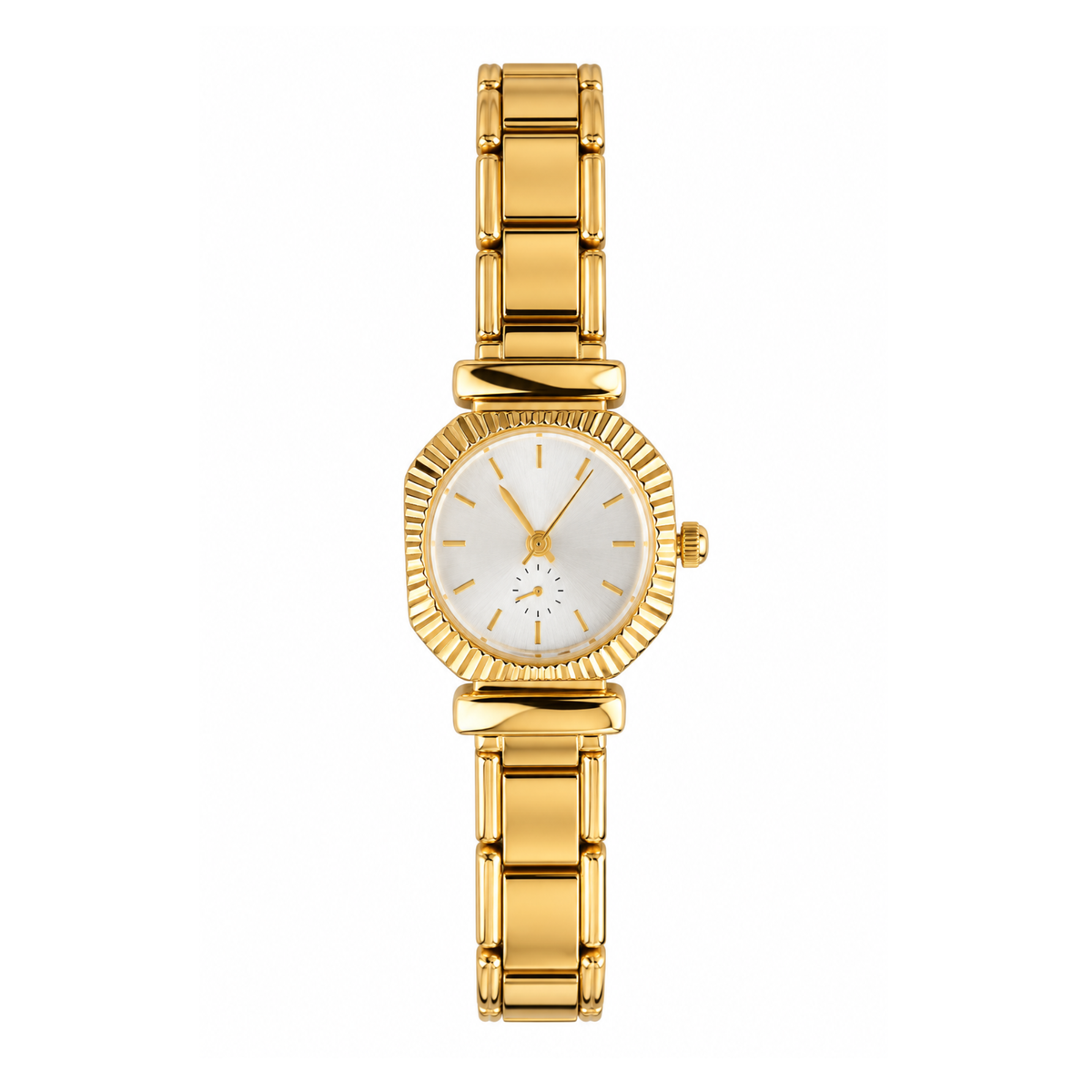 Reloj dorado con fondo blanco