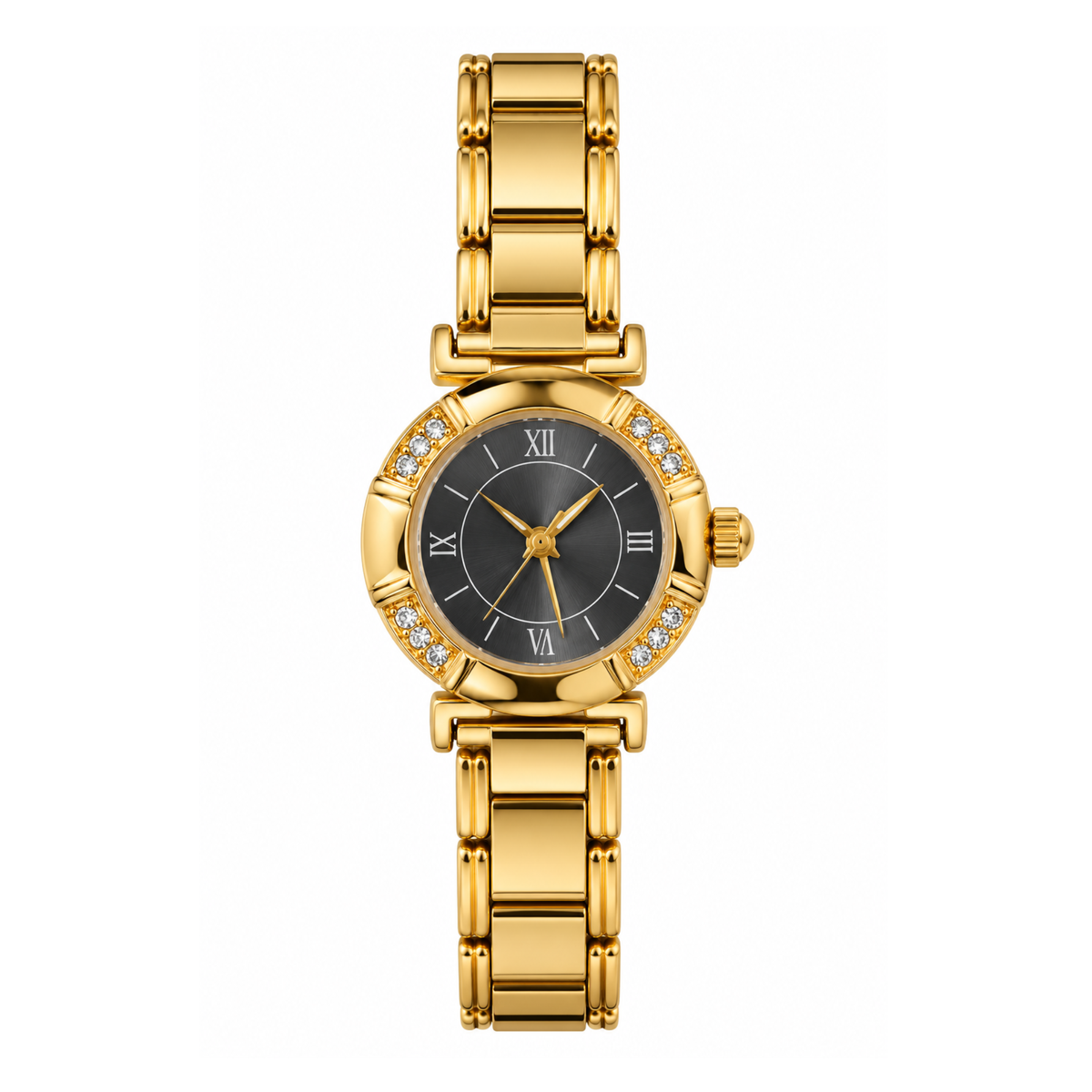 Reloj dorado circular fondo negro con piedritas a los lados