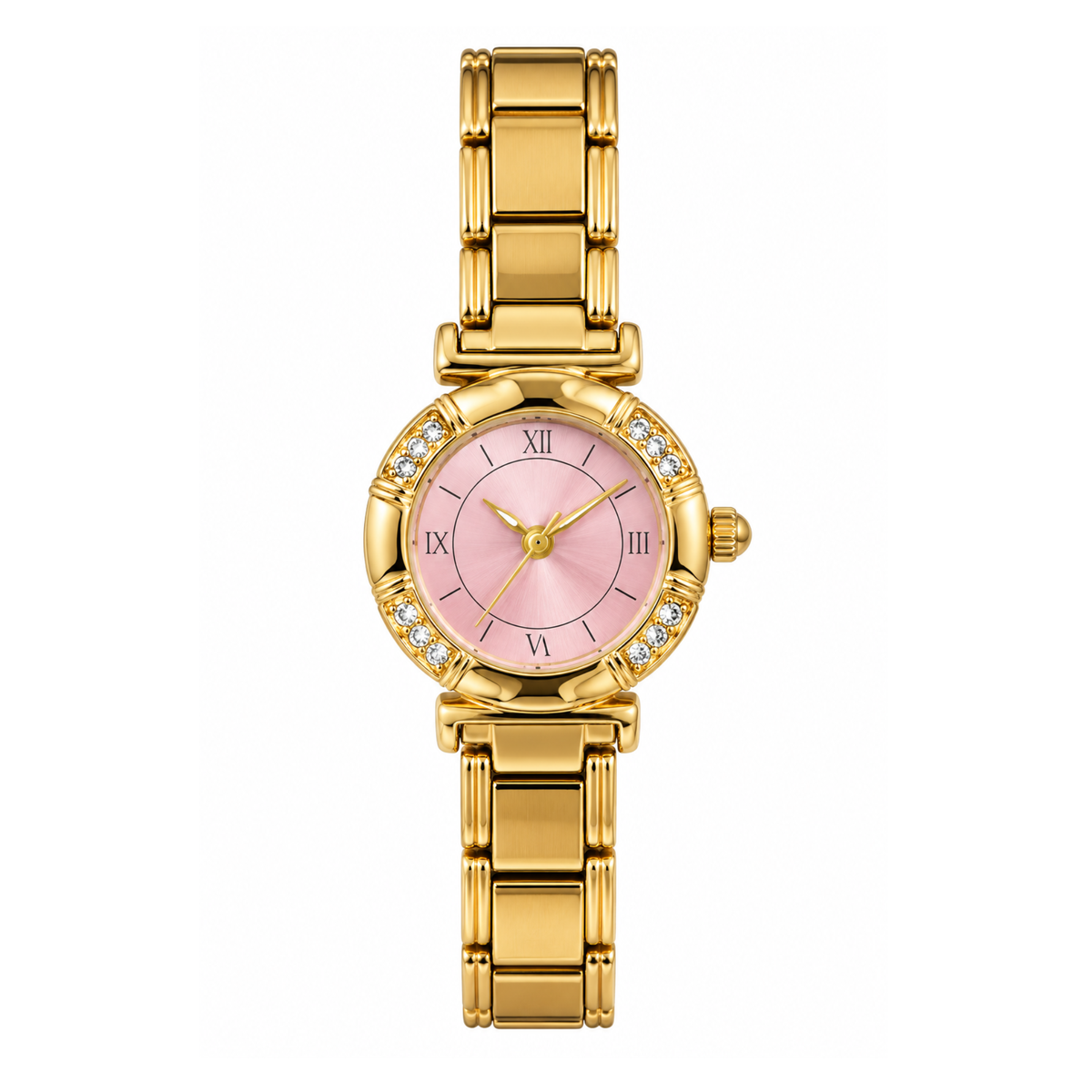 Reloj dorado circular con fondo rosa y piedritas a los lados