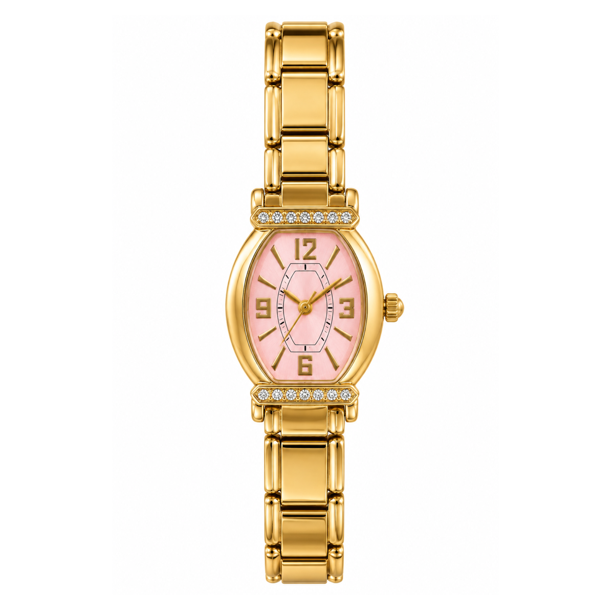 Reloj dorado ovalado con fondo rosa