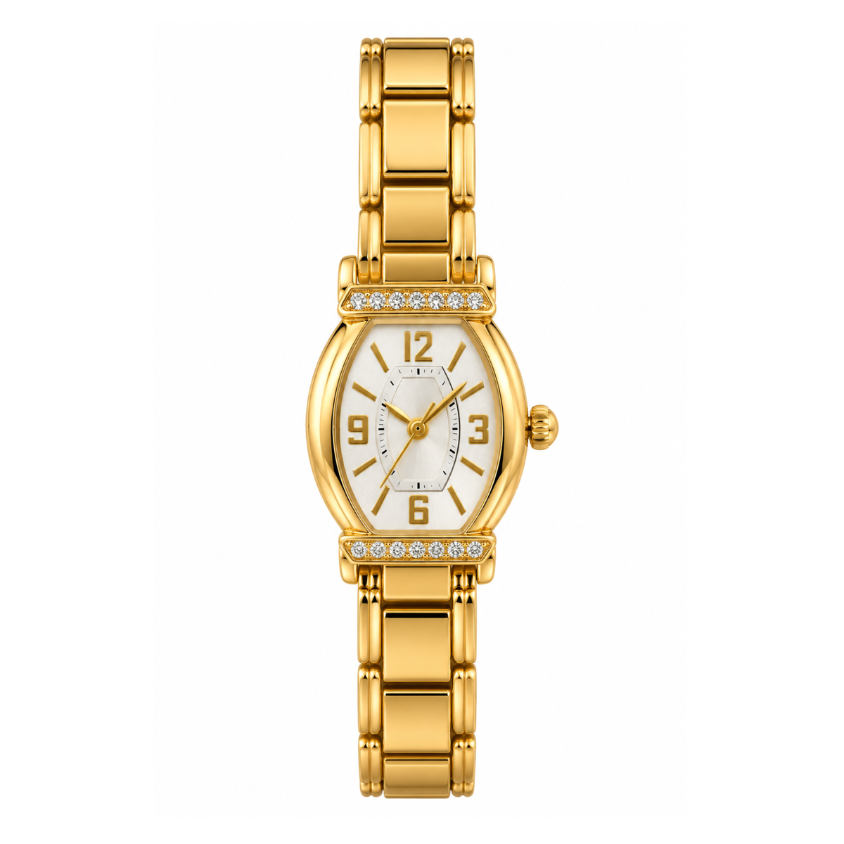 Reloj dorado ovalado con fondo blanco