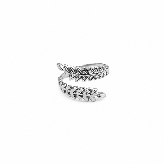 Anillo plateado ajustable hojas