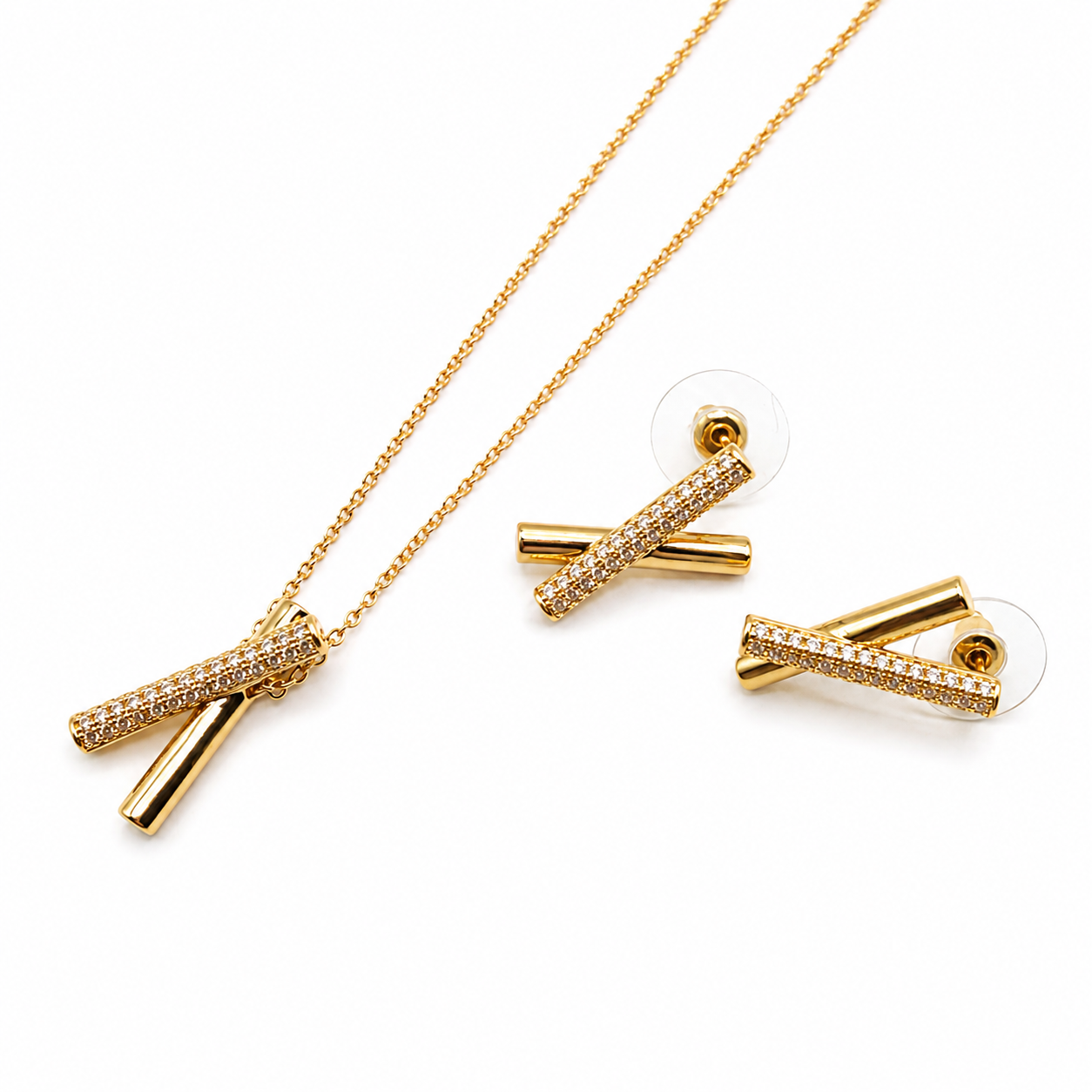 Set de cadena cruzada y aretes dorados con brillo